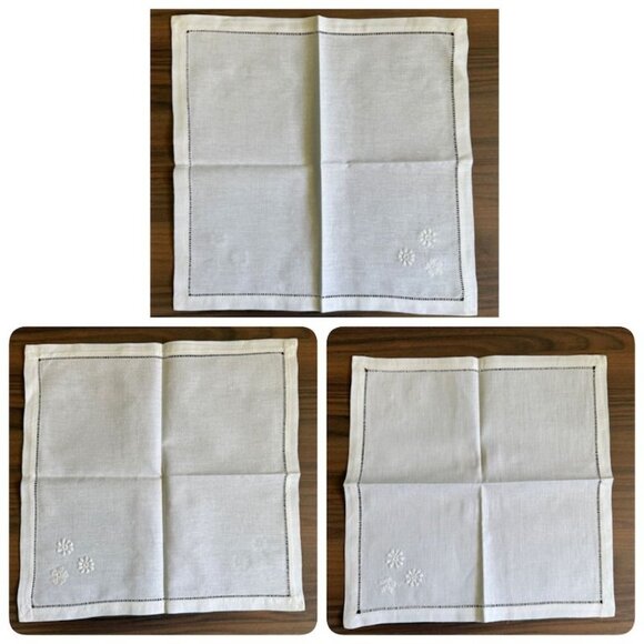 6 Vintage White Linen Napkins 12"x12" Reticulated Edges & Floral Embroidery - Picture 9 of 9